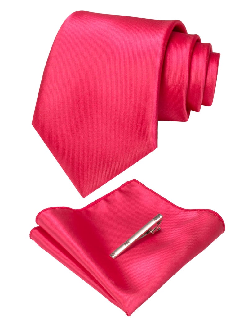 JEMYGINS Mens Formal Hot Pink Neck Tie and Pocket Square, Hankerchief and Tie Bar Clip Sets (4) - Image 1